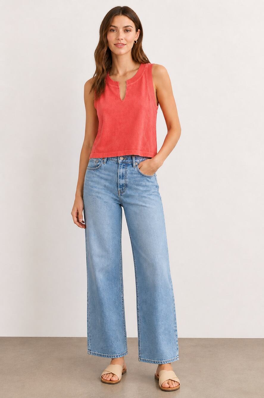 Bobi Split Neck Cropped Terry Tank Sun Kissed Coral Womens Size Medium New